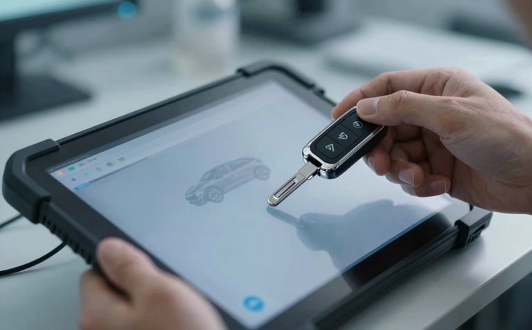 A close-up, high-tech shot of a modern car key fob being programmed with a diagnostic tablet. The setting is a clean, professional automotive workshop with subtle blue lighting (#3F4A5E). The focus is sharp on the key and the screen, reflecting expertise and precision.