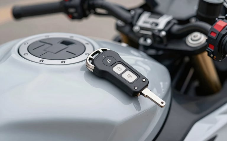 Professional macro shot of a sleek motorcycle key with a visible transponder chip, resting on the fuel tank of a modern sportbike. The lighting is sophisticated, using shades of #8E9BAF and #F5F7FA to highlight the metallic textures.