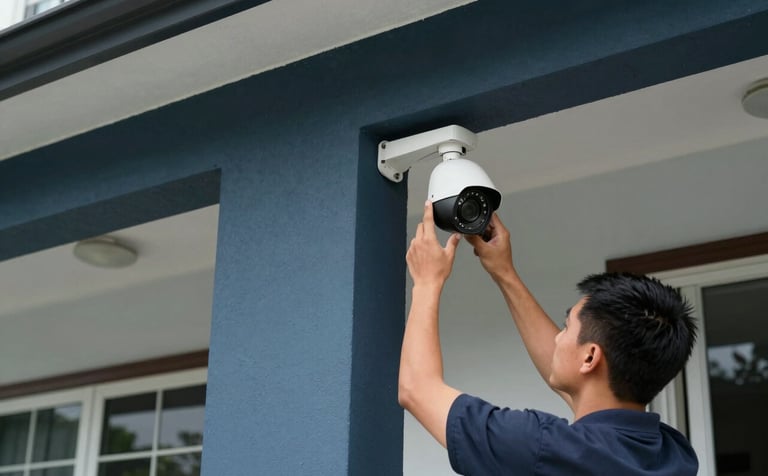 A professional installation scene in a Southeast Asian / Malaysian residential porch. A technician is mounting a high-definition CCTV camera near the entrance. The background features clean architectural lines in dark navy and light grey-blue. Daylight, crisp focus on the hardware.