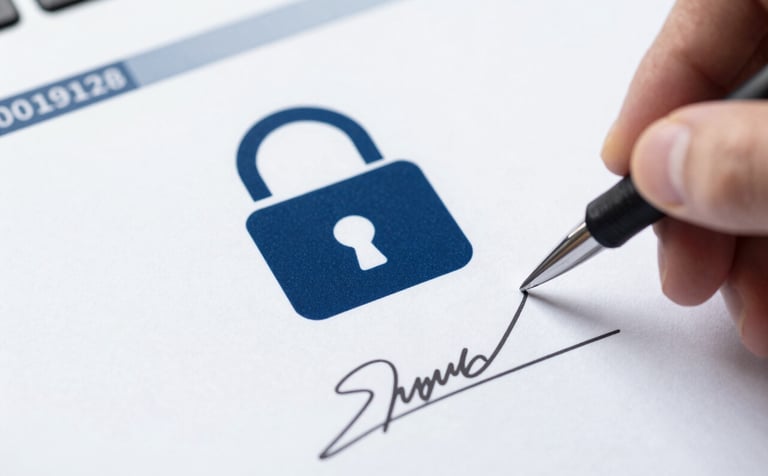 A close-up of a digital document featuring a secure lock icon and a sleek signature line being signed. Professional, authoritative lighting with #0A192F and #D6E0F0 color palette, symbolizing security.