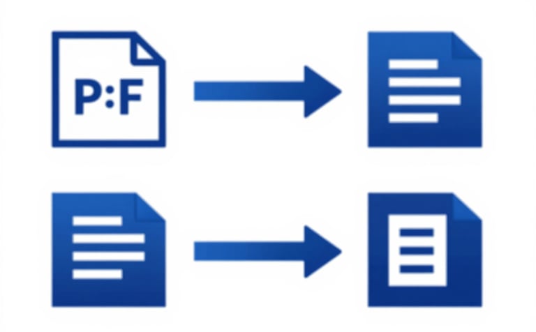 Abstract graphic representation of file compression and format conversion. Arrows pointing between a PDF icon and Office icons (Word, Excel). Uses #214E87 and #0A192F colors, modern and professional aesthetic.
