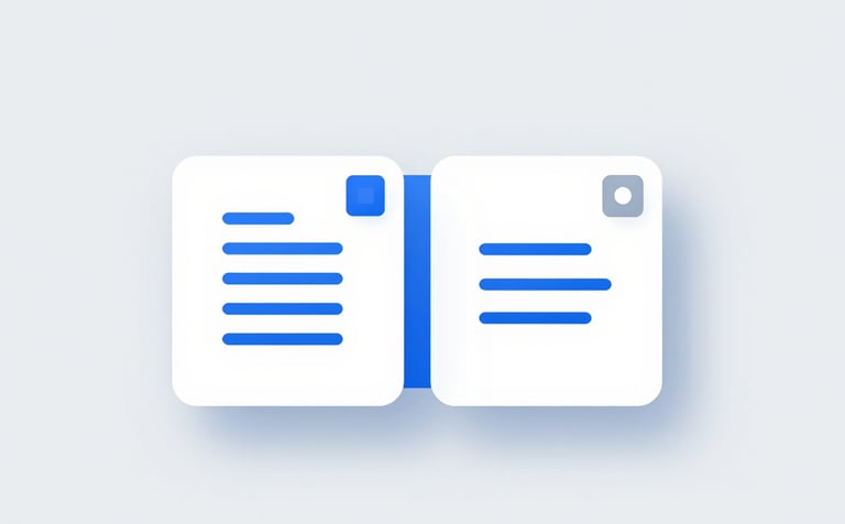 A clean, high-tech interface showing two document icons merging into one, with a sleek split-page icon next to it. Professional SaaS style with #214E87 accents, soft lighting, and a minimalist gray and white background.