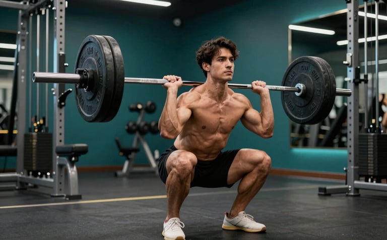 A powerful action shot of a fit person performing a barbell squat in a premium fitness studio. The lighting is cinematic, highlighting muscle definition. The background features deep forest teal accents and professional gym equipment.