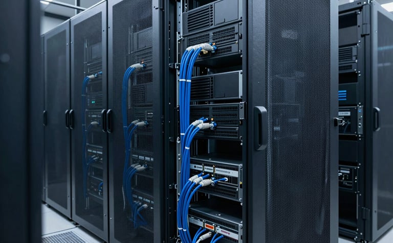 The interior of a clean, organized server room in a North American / US retail headquarters. Neatly routed cables in muted blue and dark navy tones are visible in the racks. Soft, professional lighting highlights the technological advancement and stability of the infrastructure.