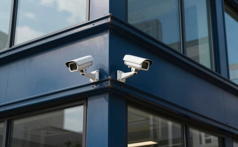 A professional North American / US commercial building exterior during the day. High-definition security cameras are mounted strategically on the steel blue facade. The composition is clean and authoritative, with natural lighting emphasizing reliability. Accents of dark navy and muted blue in the architectural shadows.