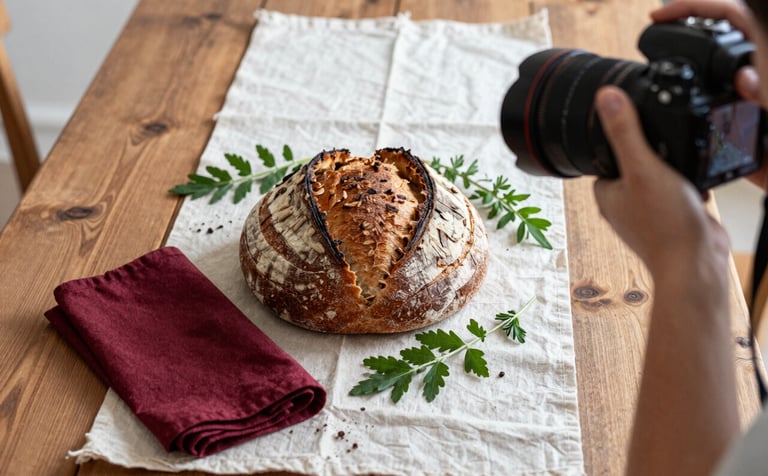 A professional photographer shooting a flat-lay of artisanal sourdough bread and fresh herbs on a rustic wooden table. The scene is bathed in soft, natural Scandinavian-style light. Deep Ripe Crimson napkins and Matte Forest Green garnishes provide color accents against the Crisp Parchment table runner.