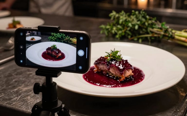 A close-up of a high-end smartphone on a tripod, filming a chef plating a dish in a dimly lit, cozy restaurant kitchen. The colors include Deep Ripe Crimson sauce on a Crisp Parchment plate, with Matte Forest Green herbs in the background. Cinematic, moody lighting.