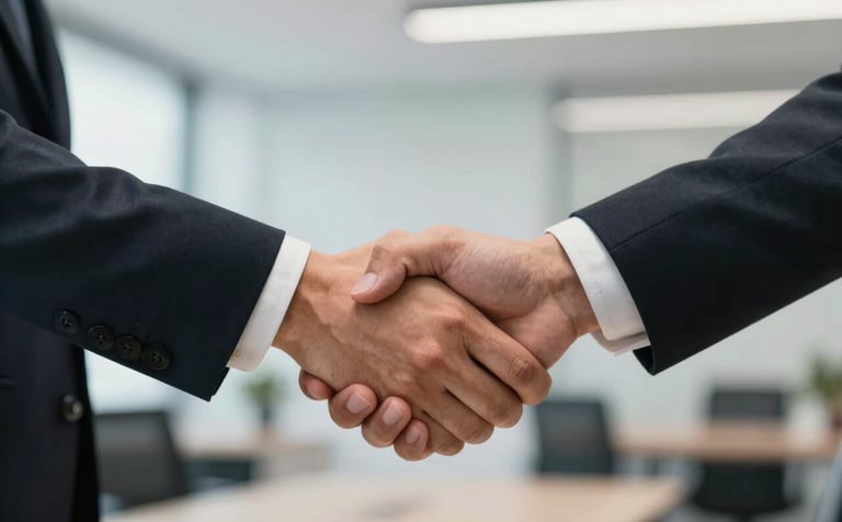 A close-up of a professional handshake between two individuals in a North American corporate setting. The background is a blurred office with clean lines and soft lighting, emphasizing trust and successful partnership.