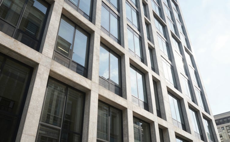 The modern exterior of a high-end financial institution in the United States, featuring large glass panels and clean architectural lines. The lighting is bright and airy, conveying success and stability.