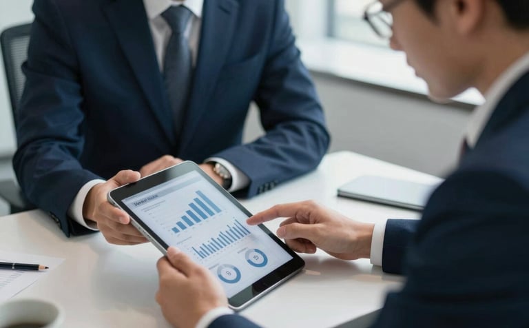 A focused professional in a modern North American office setting, reviewing financial data on a sleek tablet. The atmosphere is sophisticated with dark blue and white accents, reflecting a trustworthy consulting environment.