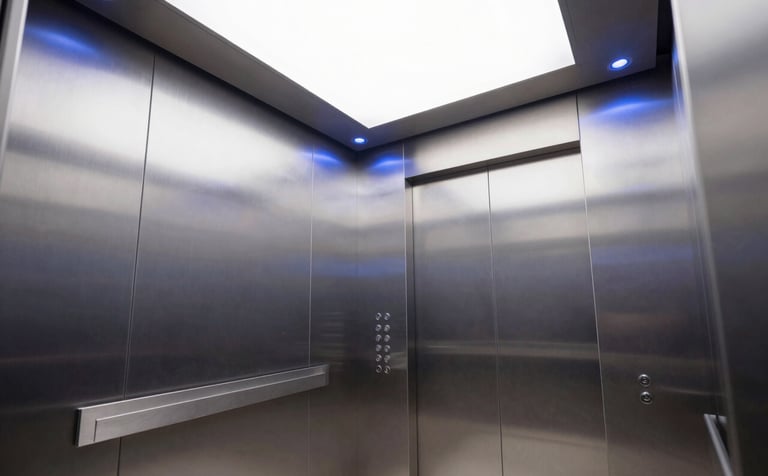 Interior of a modern, sleek elevator cabin with silver brushed metal panels and soft blue LED accent lighting. Clean lines and professional architectural photography style in a South American corporate building.
