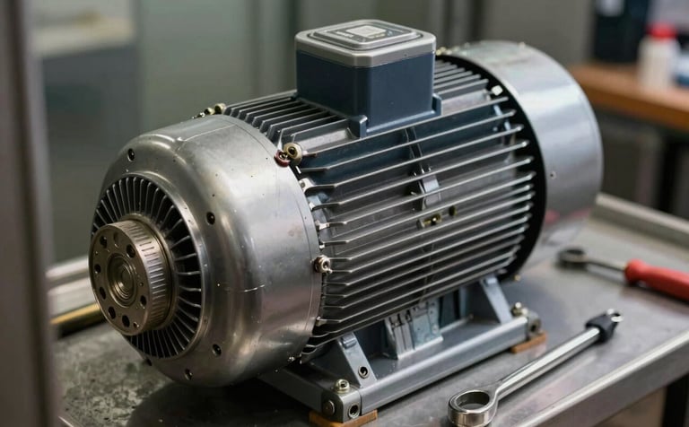 Close-up photography of a technical repair on an elevator motor. Tools with silver and dark navy details are visible. Professional and clean South American / Colombian workspace with focused lighting on the mechanical parts.