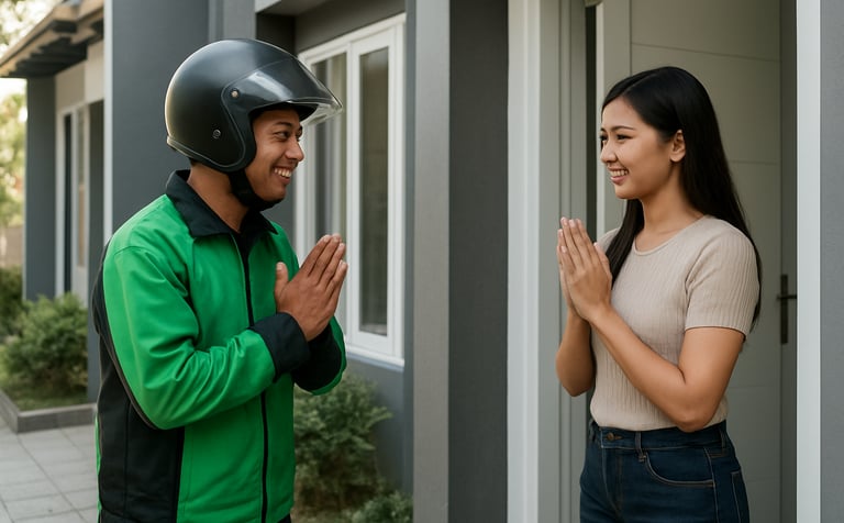 A polite interaction between a Southeast Asian / Indonesian driver-partner in a green jacket and a customer at a modern doorstep in an Indonesian residential area. Clear focus, professional and approachable photography style.