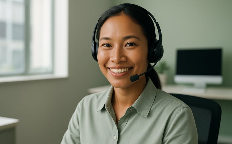 A professional Southeast Asian / Indonesian customer service representative wearing a headset, smiling warmly, sitting in a clean, modern office with soft green accents. Natural daylight, high-quality photography, conveying reliability.