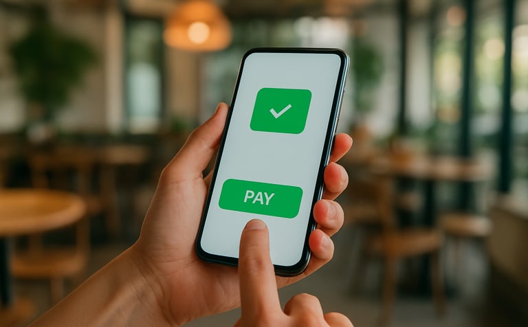 Close-up of a hand holding a smartphone in a bright, modern Southeast Asian / Indonesian cafe. The screen shows a digital payment interface with bright green accents. High-end lifestyle photography with a soft background.