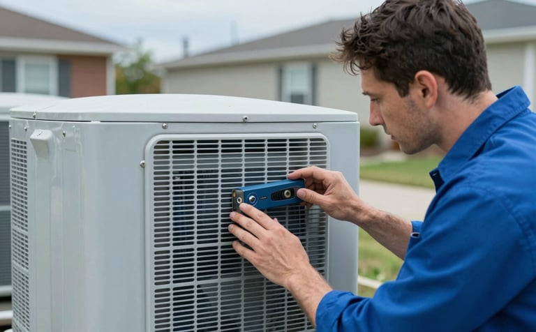 A close-up of a professional technician inspecting an outdoor AC condenser unit in a suburban North American / US backyard. The image uses Soft Sky Blue and Pale Frost tones to convey technical precision and cleanliness.