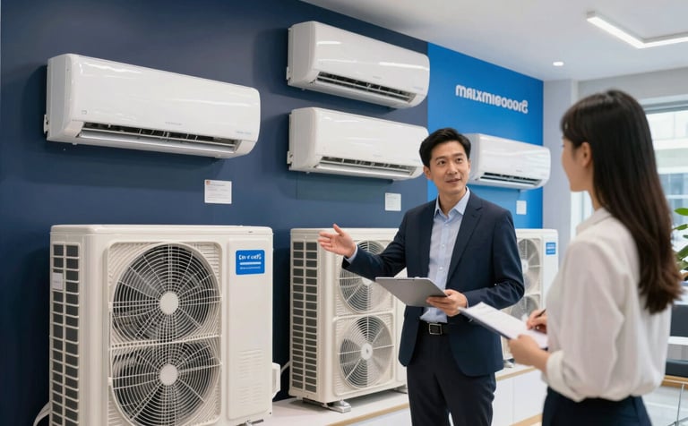 A bright, modern appliance showroom in a North American / US city featuring sleek, energy-efficient air conditioning units displayed against a wall. The scene includes Deep Navy and Steel Blue branding elements, with a professional consultant discussing features with a client in a well-lit, professional environment.