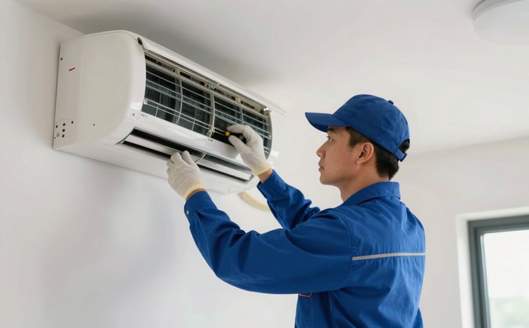 A skilled HVAC technician wearing a Steel Blue uniform performing a professional installation of a split-system air conditioner inside a modern North American / US home. The lighting is bright and natural, emphasizing a clean and precise workspace.