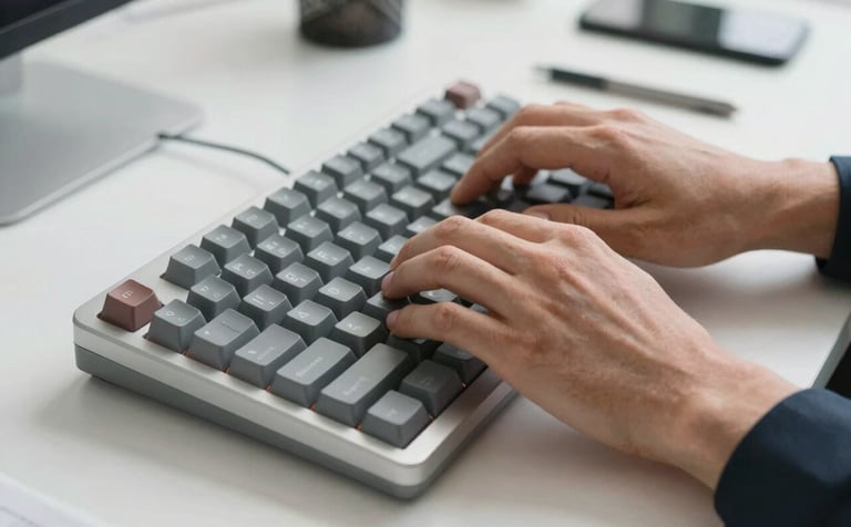 A close-up photograph of a professional's hands typing on a high-end mechanical keyboard in a bright North American office. The scene is clean with white and light grey tones, emphasizing a results-driven and professional workspace environment.