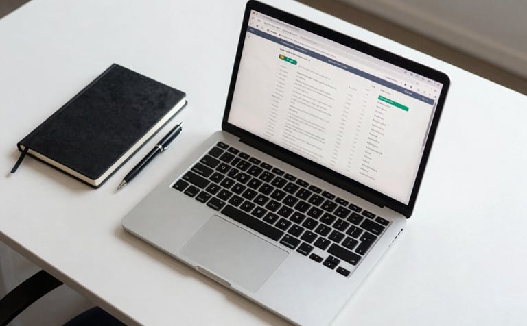 A high-resolution, top-down photograph of a minimalist desk setup in a North American office. A sleek silver laptop displays a clean dashboard of website traffic analytics. Beside it, a black notebook and a premium pen rest on a white surface. The lighting is soft and natural.