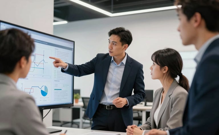 A professional photograph capturing a collaborative atmosphere in a modern North American office studio. A team leader in sophisticated business attire points toward a digital screen while discussing marketing strategy. The background has white and black accents with clean, bright lighting.
