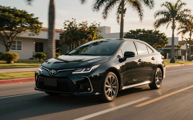 A black Toyota Corolla driving smoothly along a palm-lined boulevard in a high-end South American / Brazilian neighborhood. The lighting is golden hour, casting long shadows and emphasizing the car's sleek lines and deep charcoal and dark black tones.