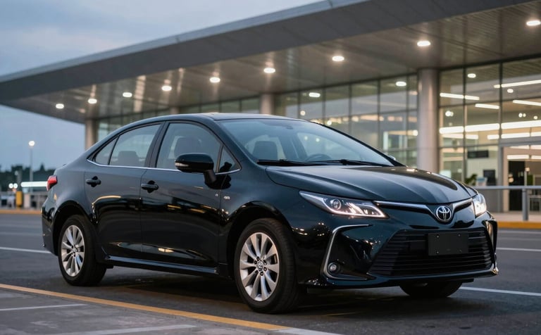 A polished black Toyota Corolla parked elegantly in front of a modern South American / Brazilian airport terminal at twilight. The car's surface reflects the soft white and silver blue lights of the building. The composition is sleek and professional, emphasizing the vehicle's premium status in a discreet luxury setting.