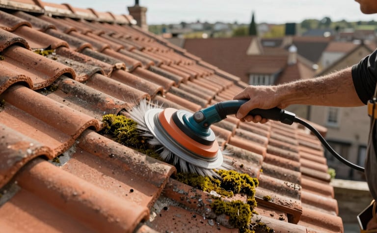 Close-up photography of a professional roofer cleaning moss from traditional terracotta tiles on a residential roof in a French town. The sunlight is soft, highlighting the texture of the clay. Professional cleaning equipment is visible. Reliable and clean aesthetic.