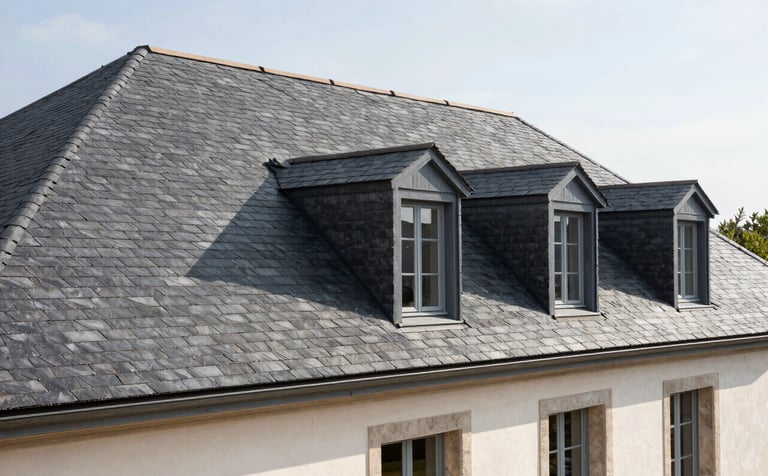 Wide shot of a newly renovated slate roof on a beautiful French house. The architecture is classic Central European. The roof lines are perfectly straight, showing high-quality craftsmanship. The lighting is bright and clean, symbolizing efficiency and reliability.