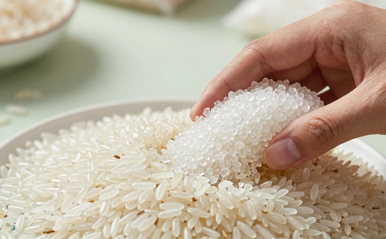 A professional, high-end close-up photograph of high-quality long-grain rice and crystalline sugar being inspected by a hand in a soft-lit, clean trading environment. The color palette features soft off-white and muted sage tones, evoking a sense of purity and premium commodity standards.