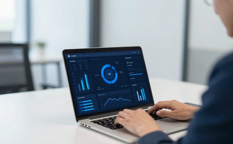 A professional and modern office setting showing a consultant working on a laptop displaying a business dashboard. The scene is bright and clean, incorporating corporate blue tones (#1A2E3D, #3C6B8D) in the decor and digital elements, reflecting efficiency and strategic thinking.