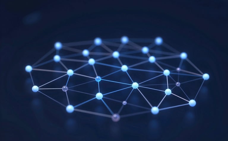 Conceptual 3D visualization of digital connections and code nodes, symbolizing software integration. The color palette uses #1A2E3D and #A8C1D6 with glowing light effects, representing modern technology like APIs and the Service Layer in a professional, abstract manner.