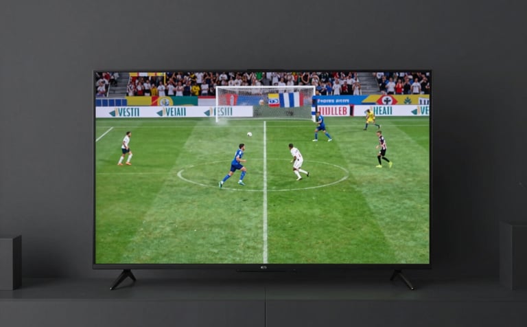 Cinematic indoor photography of a sleek flat-screen TV in a modern charcoal grey living room, showing a vivid football game with mist grey highlights and sharp details.