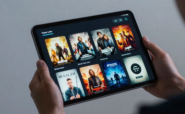 Close-up of a high-tech tablet held by a person in a mist grey room, displaying a colorful gallery of movie posters and streaming icons with elegant electric indigo UI accents.
