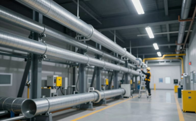 A wide-angle, clean shot of a commercial industrial facility with organized silver electrical conduits (#DCDCDC) running along a dark ceiling. An electrician is working on a ladder in the distance. The overall aesthetic is modern and professional, utilizing the brand's palette of dark grey (#1C1C1C) and yellow (#E8C547) accents.