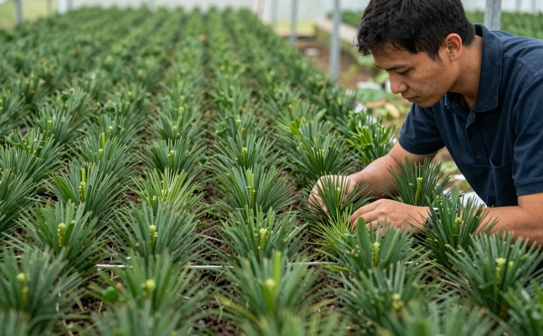 Professional photography of young Pinus Elliottii seedlings being inspected by an expert in a South American forestry nursery. The seedlings are deep green, neatly arranged in a grid. The lighting is bright and crisp, highlighting the needle texture. The atmosphere conveys sustainable industrial production and scientific precision.