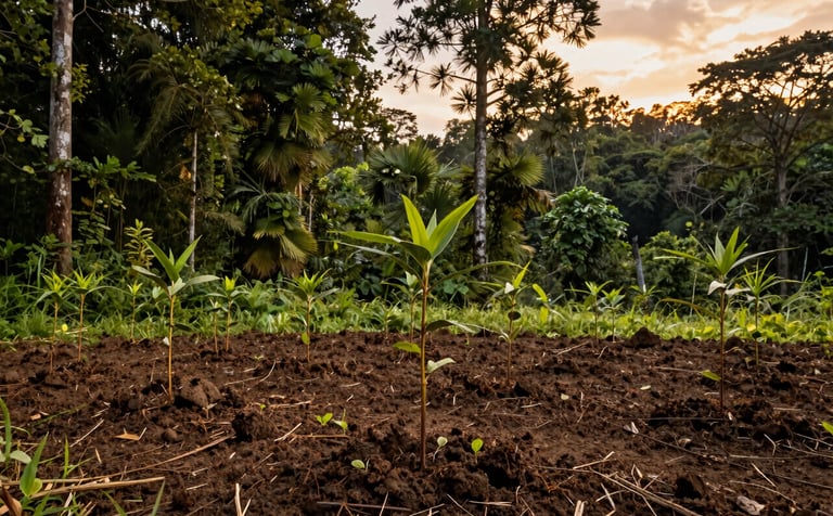 Wide-angle photography of a lush green forest landscape in South America during a golden sunset. In the foreground, a group of young, healthy saplings shows the successful result of nursery transplanting. The light is warm and atmospheric, highlighting the rich textures of the soil and the needles of the trees. The composition evokes trust and sustainable growth.