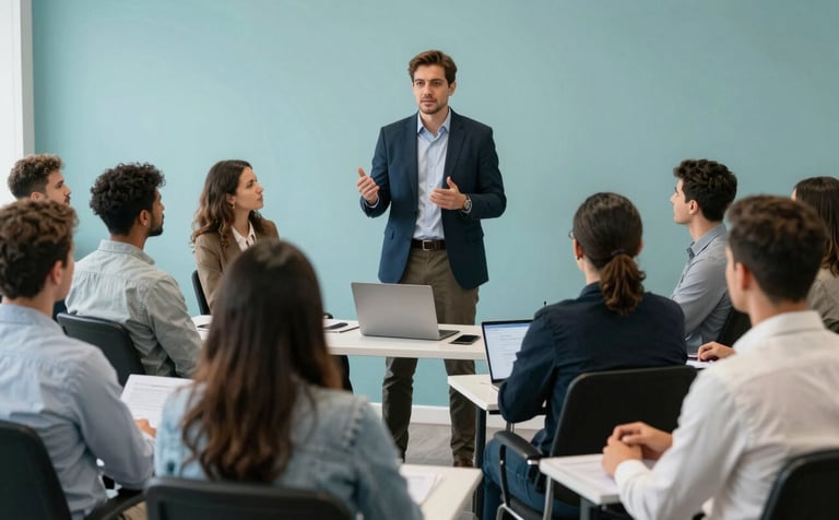 A collaborative sales training session in a Brazilian tech hub. A group of diverse professionals engaging in a workshop, focusing on a speaker with a confident stance. Clean teal and light blue color palette, professional and energetic mood.