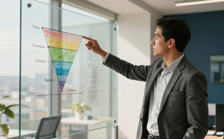 A professional business consultant in a modern, sunlit South American corporate office, pointing at a clear glass strategy board with sales funnel diagrams. Professional attire, dynamic atmosphere, soft natural lighting with off-white and dark blue accents in the decor.
