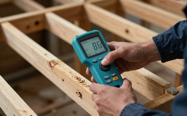 Close-up of a professional inspecting wood structures for termites in a North American / US home basement using high-tech moisture meters. Style: clean, professional, focused lighting. Muted Ocean Teal and Dark Charcoal Blue lighting.