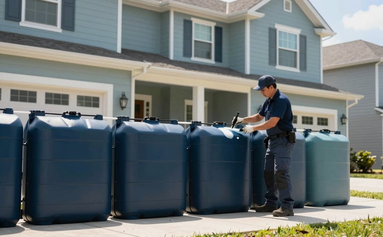 A wide shot of a professional technician applying a liquid perimeter barrier around a tidy suburban North American / US house. Style: bright, sunny day, sharp focus. The scene features Dark Charcoal Blue and Soft Sage Blue color tones.