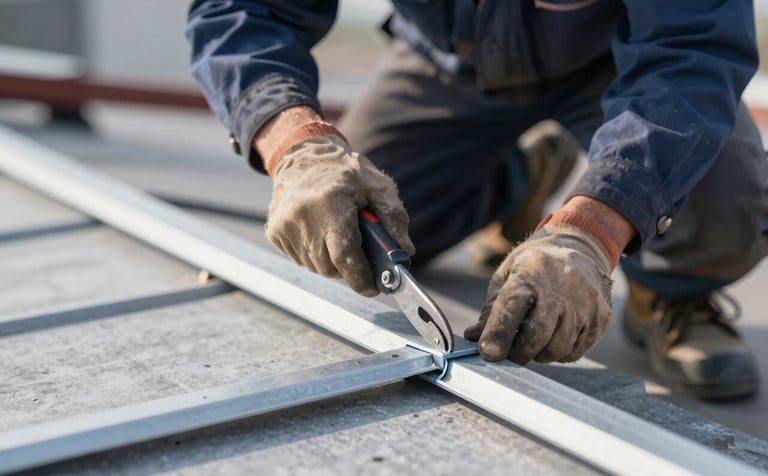 A professional zinc worker sealing a joint on a roof with specialized tools. The focus is on the precision and experience of the hands at work. The lighting is crisp and clear, incorporating the brand colors #455A64 and #263238 for a dependable look.