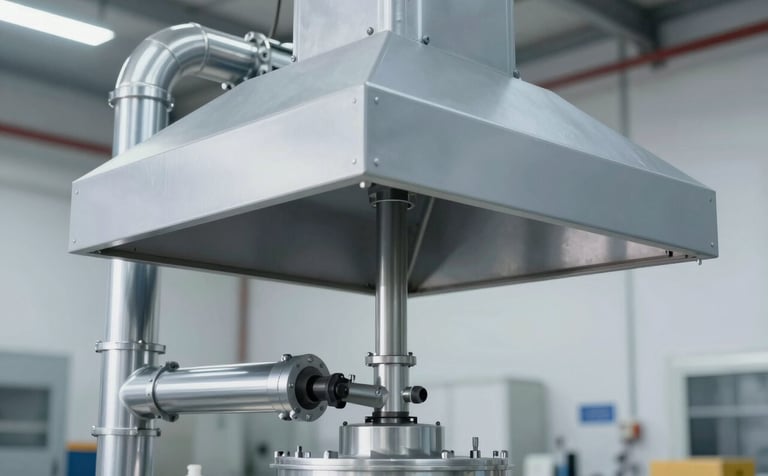 A custom-made industrial zinc extraction hood and pipe system in a bright workshop environment. Sharp angles and professional polish, showing the ability to perform complex zinc work. Dominant tones of #ECEFF1 and #90A4AE.