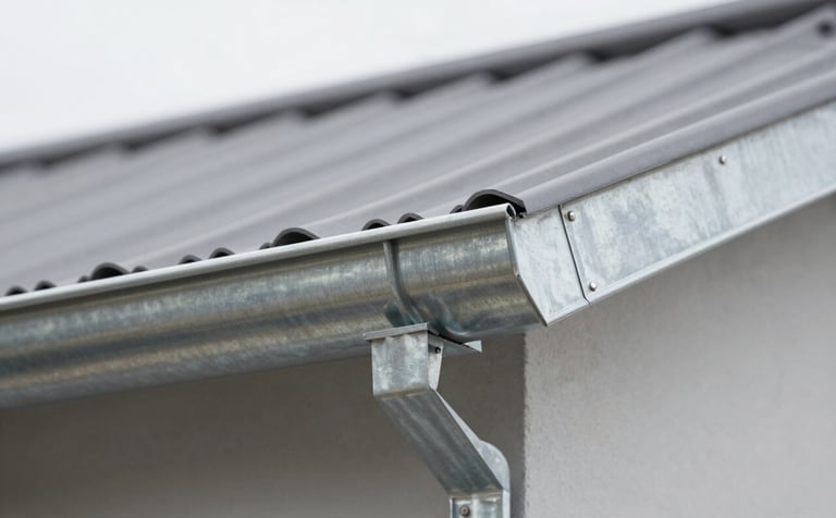 A close-up shot of professional galvanized steel gutters installed on the edge of a clean, modern roof. The image reflects daylight, emphasizing the robust and precise craftsmanship. The aesthetic is industrial and clean, using tones of #90A4AE and #ECEFF1.