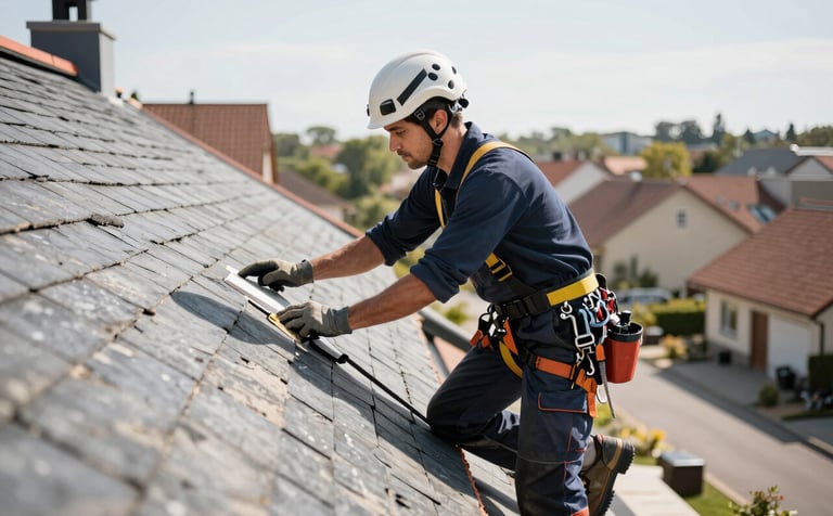 A professional roofer wearing safety gear and a navy blue uniform, carefully inspecting a damaged slate roof in a Western European residential neighborhood. The lighting is bright and clear, emphasizing professionalism and reliability.