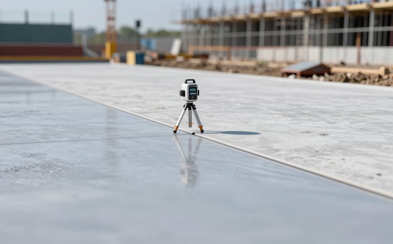 A perfectly leveled construction site surface showing precision grading. A laser level is visible on a tripod in the mid-ground. The lighting is clean and bright, emphasizing modern reliability. Subtle brand colors #A3B5B5 and #5C7776 are reflected in the sky and equipment.