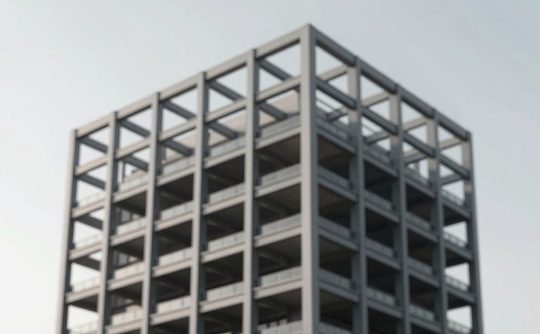 A modern commercial building skeleton with structural steel beams against a crisp, high-contrast sky. The composition emphasizes strength and architectural precision. Professional lighting. Palette includes #2D3A3A and #F0F5F5.
