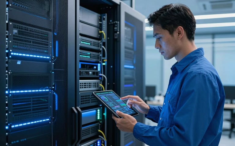 A modern, high-tech server room with blue LED lighting. A professional technician is reviewing network status on a tablet. The atmosphere is clean, innovative, and secure. Soft Sky Blue and Deep Steel Blue tones dominate the professional, sharp-focus photography.