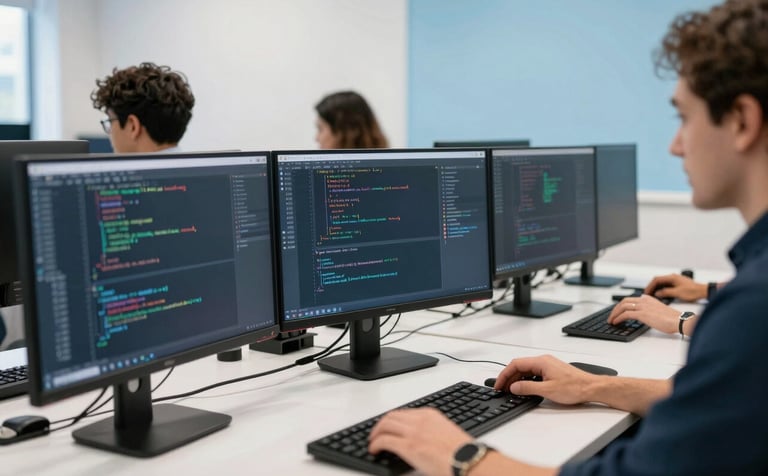 A bright, collaborative tech workspace with software developers working on high-resolution monitors. The environment is creative and professional, featuring Cool Frost White walls and Soft Sky Blue accents. Close-up photography focusing on modern code and innovative teamwork.