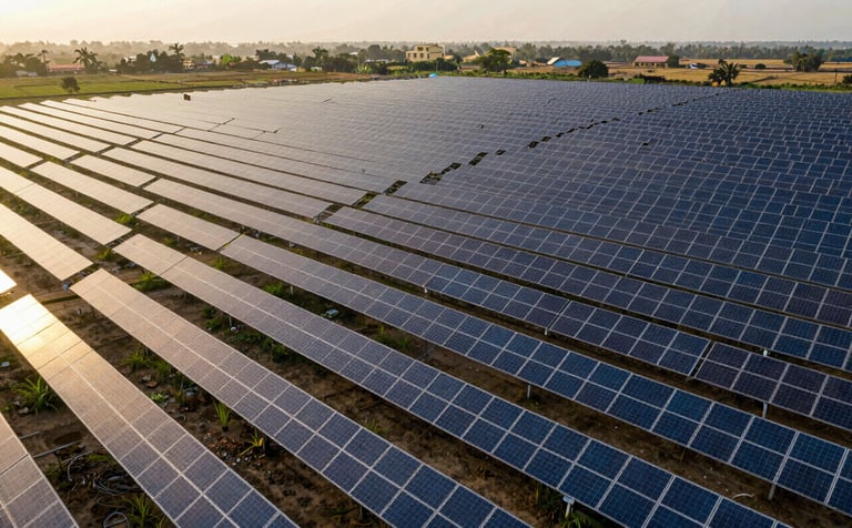 An expansive utility-scale solar farm located in a rural South Asian / Indian landscape during the golden hour. Thousands of panels in perfect rows, reflecting a professional and innovative energy future. Aerial drone photography.